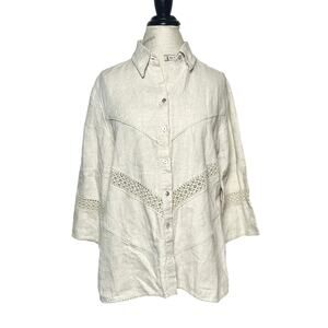 Richard Malcolm | Women | 100% Irish Linen Lace Inset Button Up Top | Large